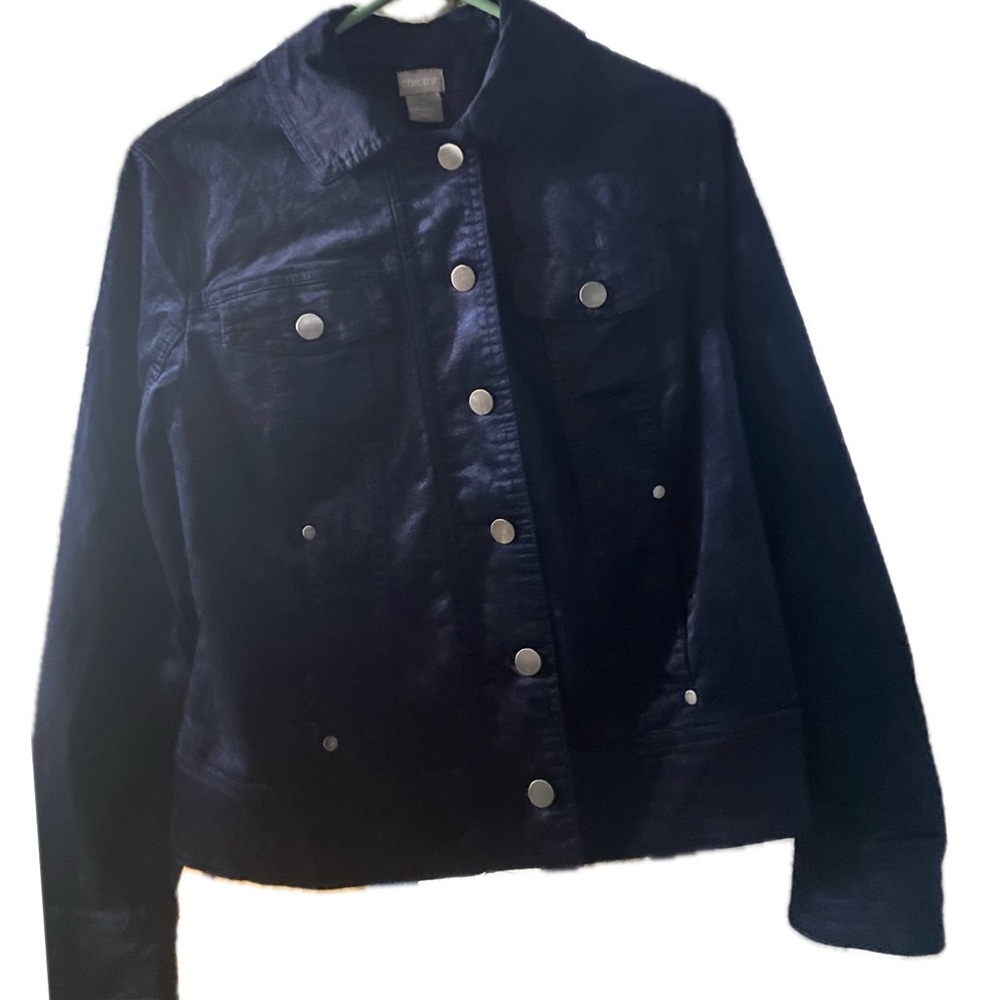 Chico’s navy blue zipper and button jacket, size 8/10